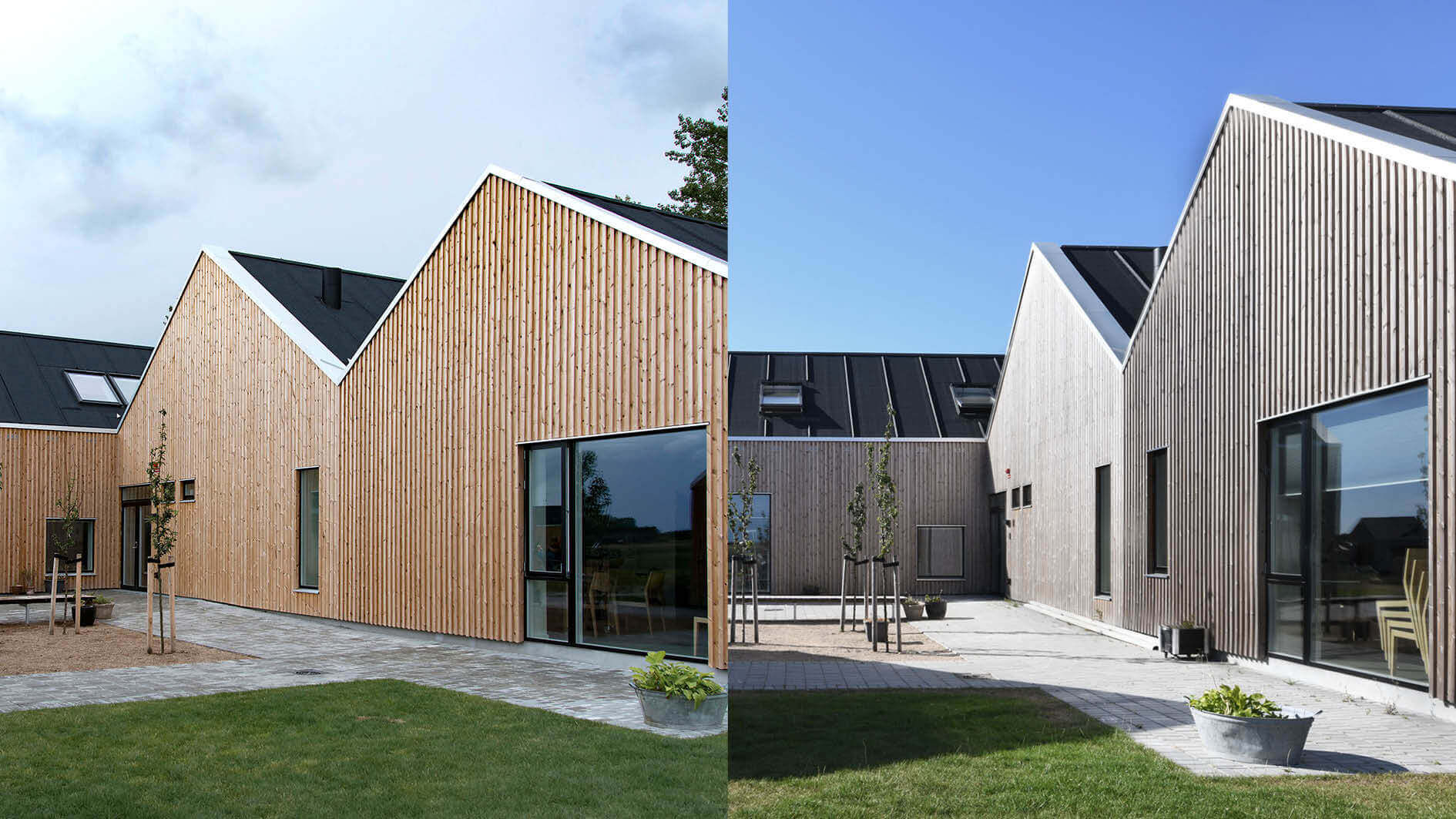 Image showing the same building in Denmark 3 years apart to demonstrate the natural graying of Lunawood Thermowood over time