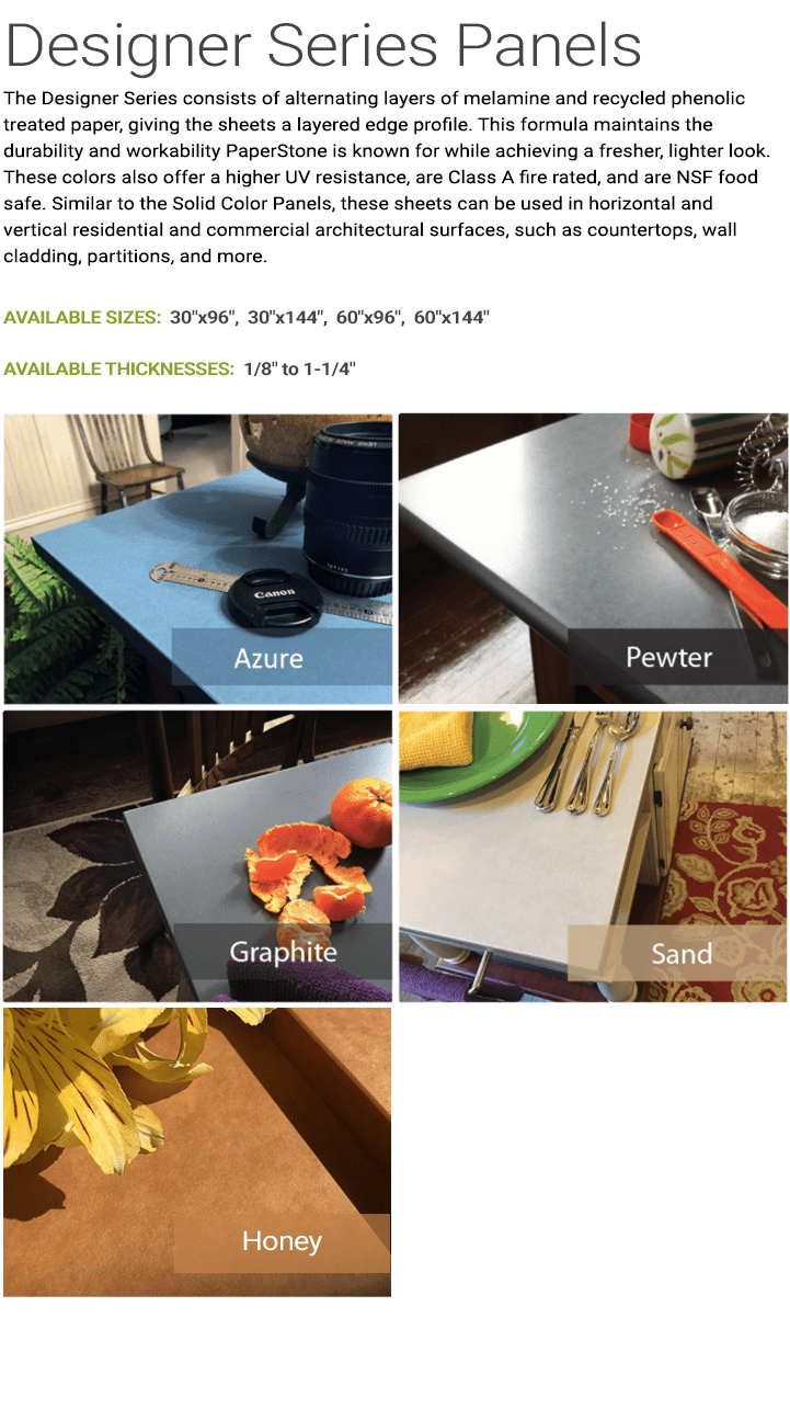 Designer Colors shown in Azure, Graphite, Pewter, Honey and Sand