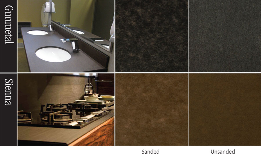 Finishing of PaperStone – Should you Buff or Sand? Sanding effectively removes the textured surface giving the slabs a smooth, more mottled appearance. But note that oversanding can create an extremely mottled pattern, which is especially noticeable in the Gunmetal and Sienna colors. 