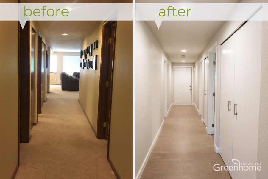 The condo hallway was completely transformed into a brighter space with a coat of healthy, low-VOC paint on the walls, doors and trim, along with updated style of cork flooring in a lighter hue.