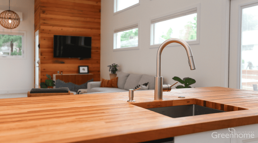 Butcher Block solid wood surfaces are one of our favorite sustainable building materials this year. Shown in Pacific Madrone. Courtesy of Targa Homes - Photo by Cora Brown Rock.